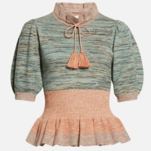 NWT ULLA JOHNSON Ava wool ruffle sweater pink grey block peplum SIZE PETITE bhmn - Picture 4 of 7